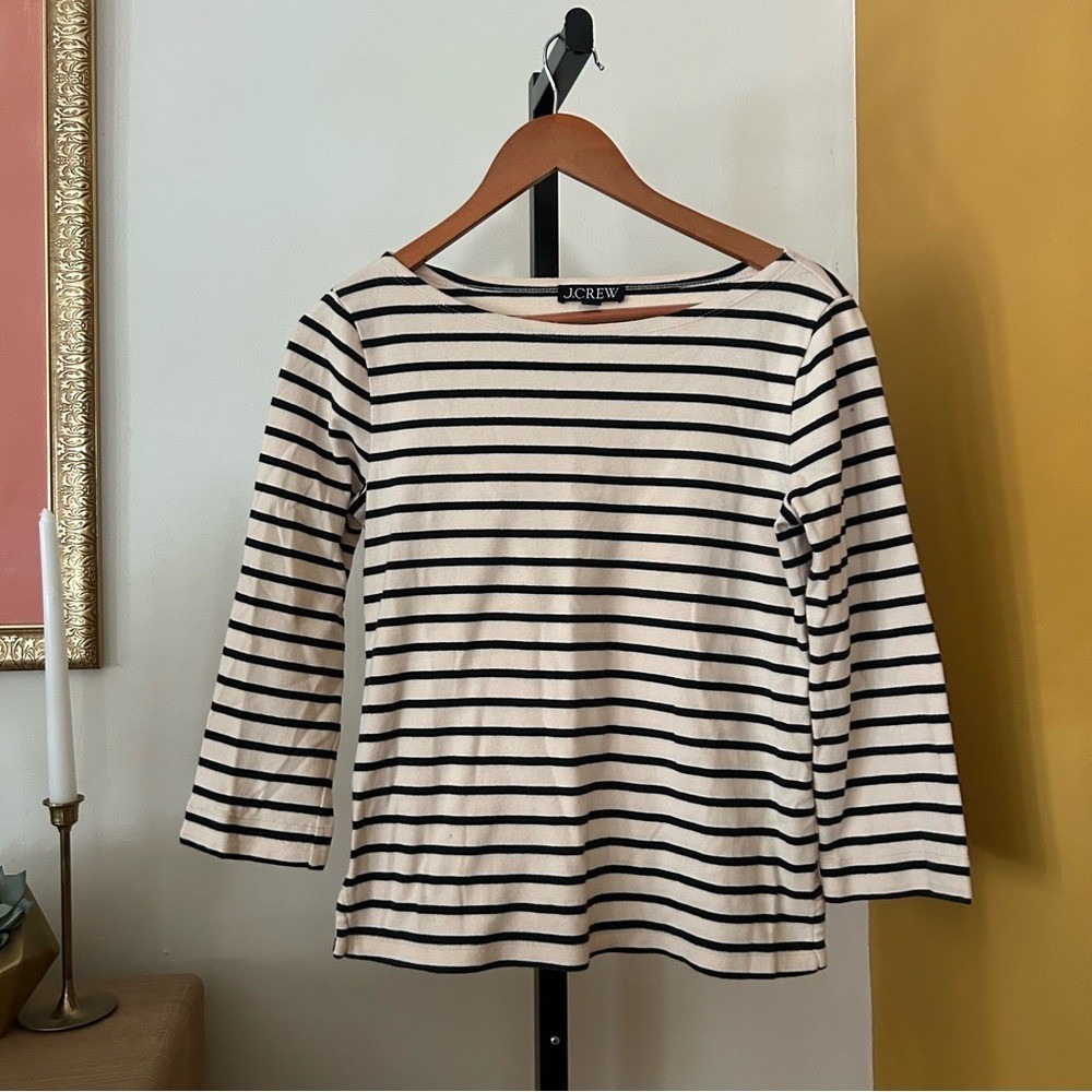 J. Crew 3/4 Long Sleeve Striped Boatneck Top 100% Cotton Tan Black‎ Size XS
